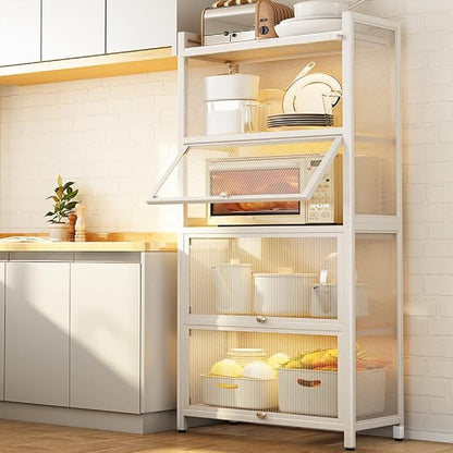 Gdrasuya10 White Kitchen Storage Cabinet Buffet Pantry, 4 Tier Metal Kitchen Pantry Cabinet with Folding Doors 56'' Tall Bookshelf Bookcase Suitable for Dining Room Living Room