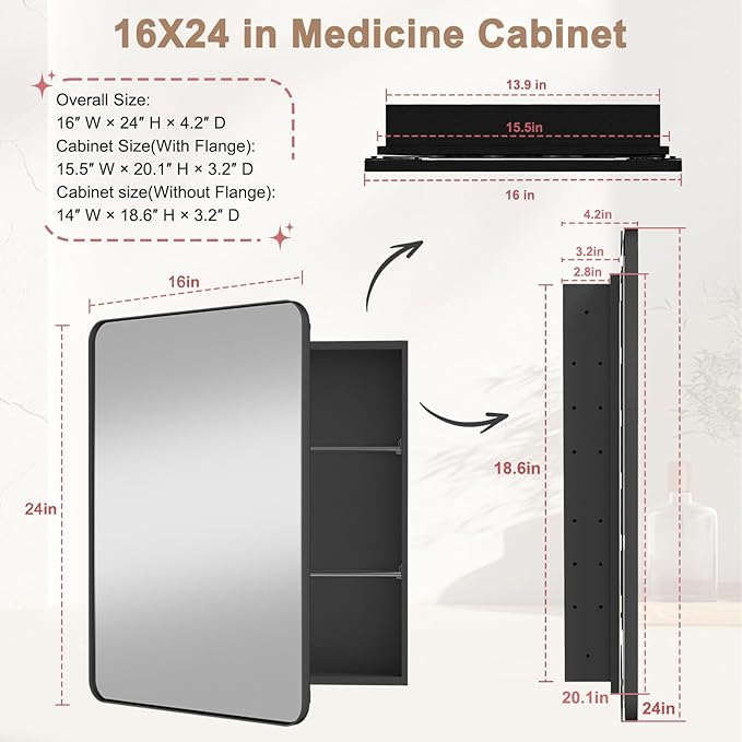 Medicine Cabinet with Mirror, 16x24 Fully Assembled Recessed or Wall-Mounted Bathroom Mirrored Cabinet with Adjustable Storage Shelves for Vanity, Metal, Black
