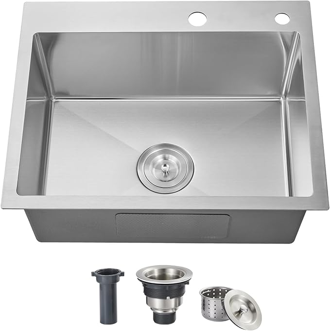 ROVOGO 24 inch Kitchen Sink Drop in 304 Stainless Steel, 24"x18" Single Bowl Top Mount, 9" Deep Sink with 2-Hole, Drain Assembly Included, Brushed