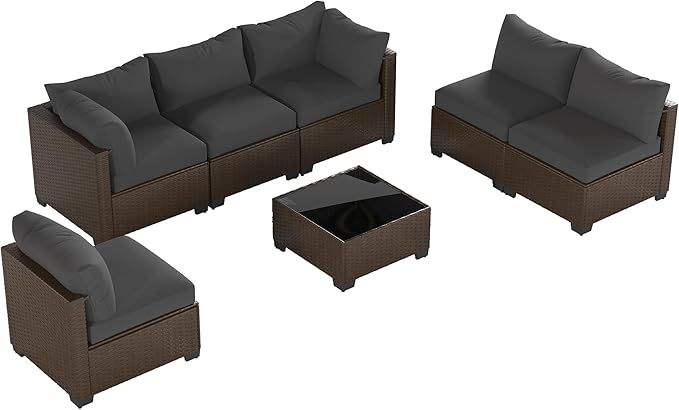 Patio Furniture Set, 7-Piece Outdoor Sectional Couch with Coffee Table & Thick Cushions, Outdoor Wicker Conversation Set for Backyard, Poolside, Garden (Brown-Grey, 7 Piece-Single)