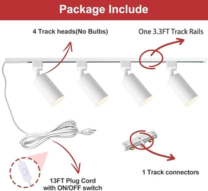Plug in Track Lighting with Power Cord, 4-Light GU10 Track Lighting Kit with 3.3FT H Type Track Lighting Rails, Modern Kitchen LED Track Lighting Fixtures Ceiling Spot Light, White (No Bulbs)