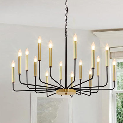 Black and Gold Chandelier, 16-Light Farmhouse Chandelier for Dining Room Lighting Fixtures Hanging, Industrial Modern Chandeliers for Dining Room Living Room Foyer Entry Staircase Kitchen