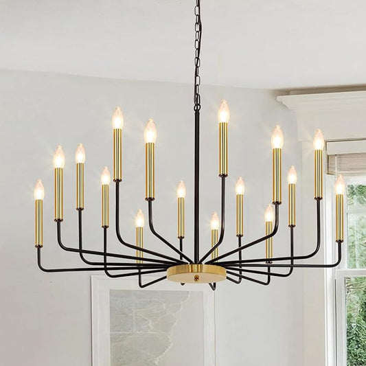 Black and Gold Chandelier, 16-Light Farmhouse Chandelier for Dining Room Lighting Fixtures Hanging, Industrial Modern Chandeliers for Dining Room Living Room Foyer Entry Staircase Kitchen
