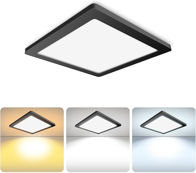 mw 7 Inch Square Black Ceiling Light, 12W, 120V, 3000K/4000K/5000K, Dimmable Slim LED Ceiling Lights, Close to Ceiling Light Fixtures for Bedroom, Hallway, Laundry, ETL Listed, Each Side is 6.38"