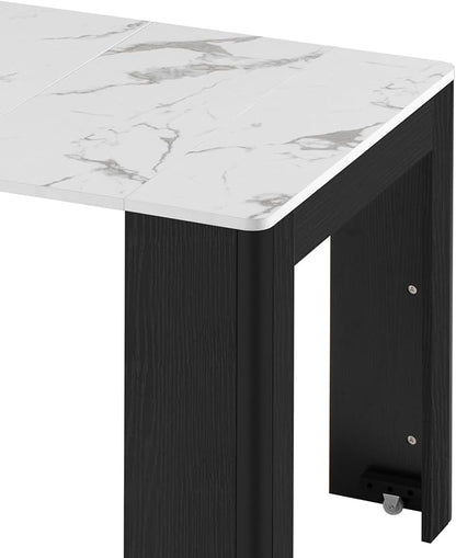 Extendable Dining Table with 3 Removable Middle Leaves, Mobile Rolling Island Table with Power Outlet, Saving-space Cabinet with Storage for Dining Room and Living Room (BLACK AND MARBLE WHITE)