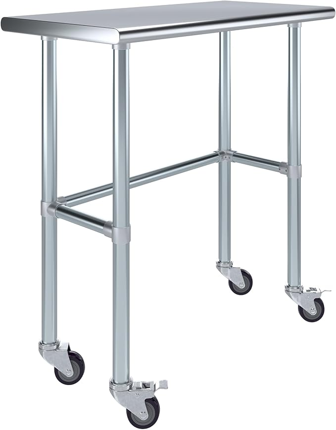 Stainless Steel Work Table Open Base & Wheels | NSF Kitchen Island Food Prep | Laundry Garage Utility Bench (36" Long x 18" Deep)