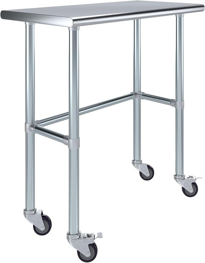 Stainless Steel Work Table Open Base & Wheels | NSF Kitchen Island Food Prep | Laundry Garage Utility Bench (36" Long x 18" Deep)