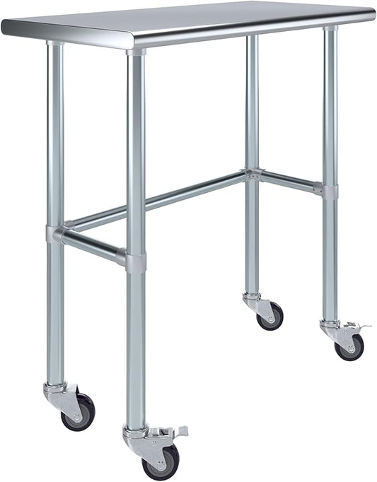 Stainless Steel Work Table Open Base & Wheels | NSF Kitchen Island Food Prep | Laundry Garage Utility Bench (36" Long x 18" Deep)