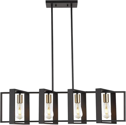 35.4" Kitchen Island Lighting Fixture, Dining Room 4 Lights Chandeliers, Black Wood+Metal Pendant Light for Foyer Hallway Living Room