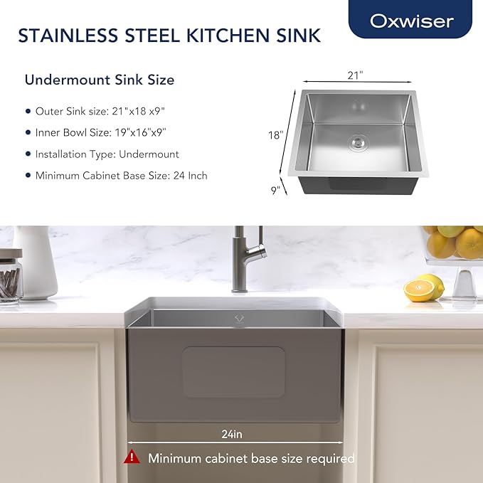21 Inch Undermount Kitchen Sink 16 Gauge Stainless Steel Single Bowl Small Kitchen Sinks with Accessories RV Bar Prep Sink 21"x18"x9"