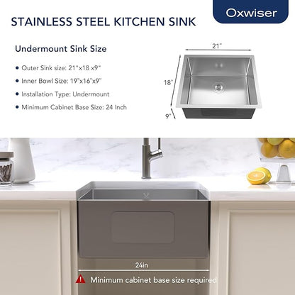 21 Inch Undermount Kitchen Sink 16 Gauge Stainless Steel Single Bowl Small Kitchen Sinks with Accessories RV Bar Prep Sink 21"x18"x9"