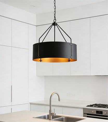 Drum Chandeliers for Dining Room,22 in Black and Gold Metal Dining Room Light Fixture Over Table, Industrial Modern Farmhouse Pendant Light for Kitchen,Entryway,Living Room
