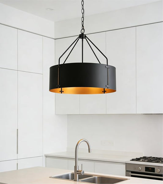 Drum Chandeliers for Dining Room,22 in Black and Gold Metal Dining Room Light Fixture Over Table, Industrial Modern Farmhouse Pendant Light for Kitchen,Entryway,Living Room