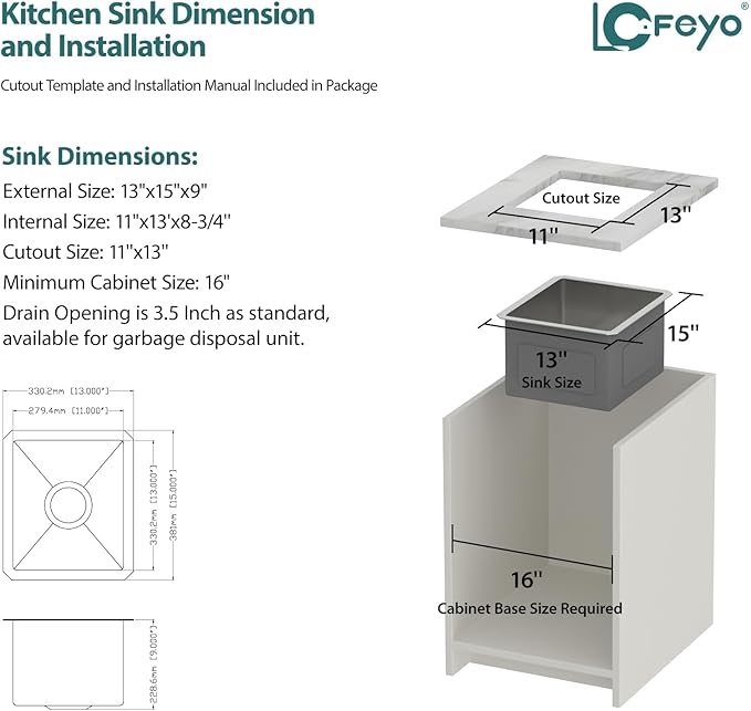 13" x 15" Bar Sink Undermount Kitchen Bar Sink Stainless Steel 16 Gauge Single Bowl Deep Undermount Bar Prep Sink Basin Rv Outdoor Garage