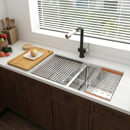 LQS Kitchen Sink Stainless Steel, Undermount Kitchen Sink 32 Inch, 50/50 Double Bowl True 16 Gauge Stainless Steel Handmade with Abundant Accessories, R10 Round Corner and 10” Depth for Large Kitchen