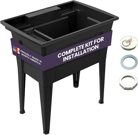 32” Utility Sinks for Laundry Room, Garage, Garden, Basement – Noah William Home Indoor and Outdoor Polypropylene Basement Wash Tub - No Faucet Included (Black)