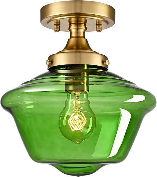 SAMTEEN Schoolhouse Light Fixtures Gold Ceiling Light 10-Inch Modern Green Glass Semi Flush Mount Ceiling Light Vintage Brass Hallway Light Fixtures for Bedroom Kitchen Entryway Living Room