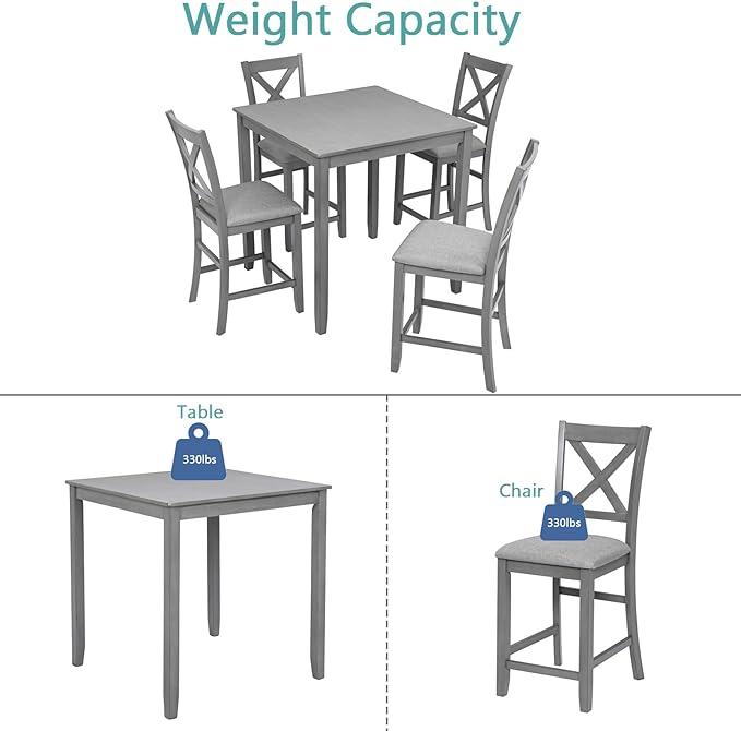 5 Piece Counter Height Dining Table Set for 4, Solid Wood Square Kitchen Table and 4 Upholstered Chairs, Modern Dining Room Table and Chairs Set for Kitchen and Dining Room, Gray