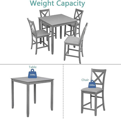 5 Piece Counter Height Dining Table Set for 4, Solid Wood Square Kitchen Table and 4 Upholstered Chairs, Modern Dining Room Table and Chairs Set for Kitchen and Dining Room, Gray