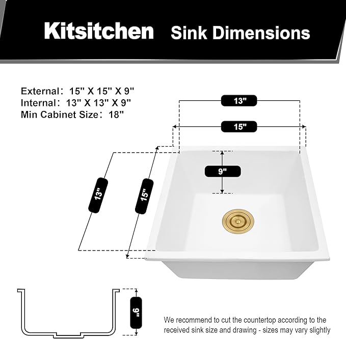 Kitsitchen 15 Inch Small White Bar Sink, Undermount Bar Sink Granite Composite Kitchen Sink 15" x 15", Quartz Stone Kitchen Sink with a Gold Sink Drain Strainer & a Gold Sink Bottom Grid
