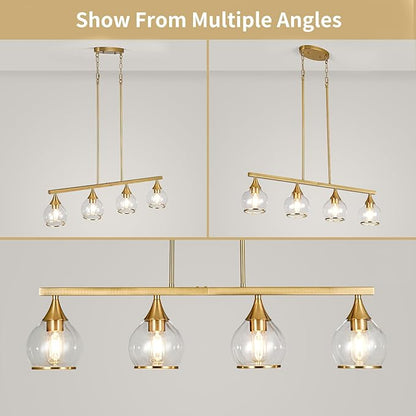 Island Light for Kitchen, 4-Light Gold Kitchen Island Linear Hanging Pendant Chandeliers, Brushed Gold Dining Room Light Fixture Over Table with Clear Round Glass Shades
