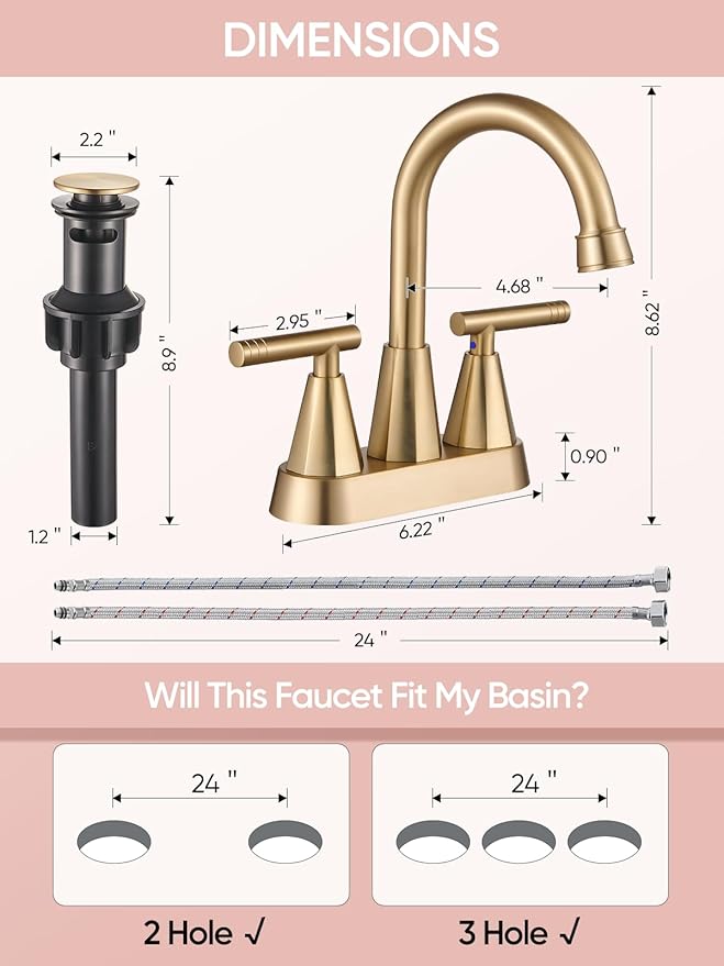 Cobbe Bathroom Faucets for Sink 3 Hole, 4 Inch with Pop Up Drain and 2 Supply Hoses, 2 Handle Centerset Bathroom Faucet for Sink Vanity, Brushed Gold, 2 Pack
