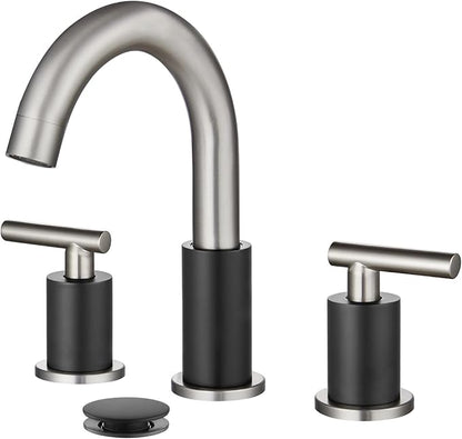 gotonovo 3 Hole 2 Handles Lavatory Basin Bathroom Sink Faucet with Pop Up Drain with Hot and Cold Mixer Valves 8 Inch Widespread Bathroom Faucet Black & Brushed Nickel