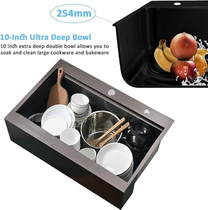 30 Inch Black Drop In Farmhouse Sink Workstation-Bokaiya 30 x 22 Black Stainless Steel Farmhouse Sink Top Mount Ledge Workstation 16 Gauge Single Bowl Drop In Kitchen Sink with Cutting Board