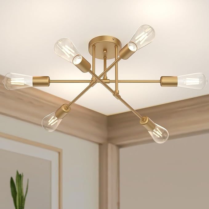Modern Sputnik Chandelier, 6-Lights 22" Bronze Antique Copper Finish Ceiling Fixture, Mid Century Industrial Semi Flush Mount for Dining Room Bedroom Living Room (NOT Bright Gold)
