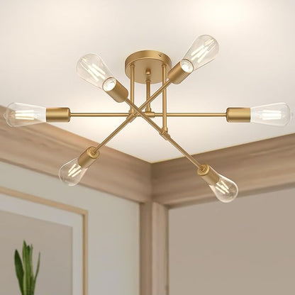 Modern Sputnik Chandelier, 6-Lights 22" Bronze Antique Copper Finish Ceiling Fixture, Mid Century Industrial Semi Flush Mount for Dining Room Bedroom Living Room (NOT Bright Gold)