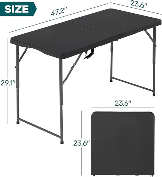 FDW 4 Foot Outdoor Dining Table, Foldable Portable Rectangular Plastic Folding Table with Built in Carrying Handle and Height Adjustable for Party and Wedding Use, Black