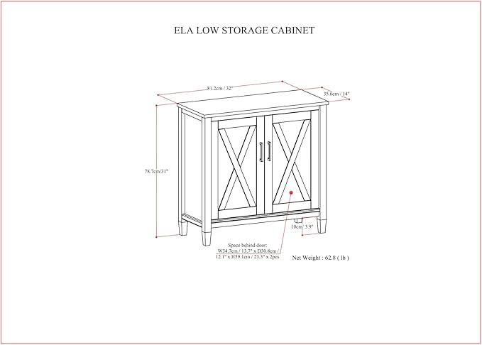 SIMPLIHOME Ela Storage Cabinet - 32 inch Wide Solid Wood 2-Shelf Low Storage Cabinet in Smoky Brown, Transitional Accent Cabinet for Entryway or Living Room with Shaker Style Doors and Shelves