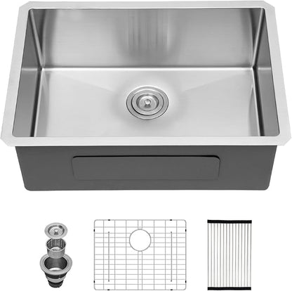 27 Inch Undermount Kitchen Sink 16 Gague Stainless Steel Round Corner Single Bowl Deep Kitchen Sinks Basin 27"x18"x9"