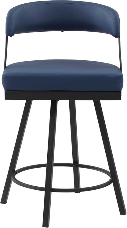 Lexicon Swivel Counter Height Stools Set of 2 - Counter Height Stools for Kitchen Island, Padded Seat, Open Back, Sturdy Black Metal Frame Finish and Blue Faux Leather Cushion Seat, Blue