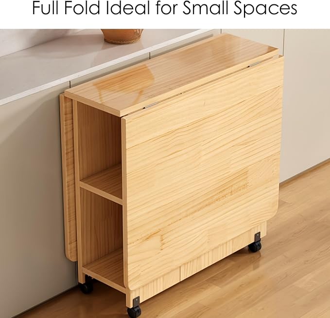 Kavie Solid Wood Folding Dining Table with Wheels, Expandable Mobile Kitchen Island with Storage Shelf, Space Saving Table for Apartment Living Room (Natural,39.3" L*23.6" W*29.5" H)
