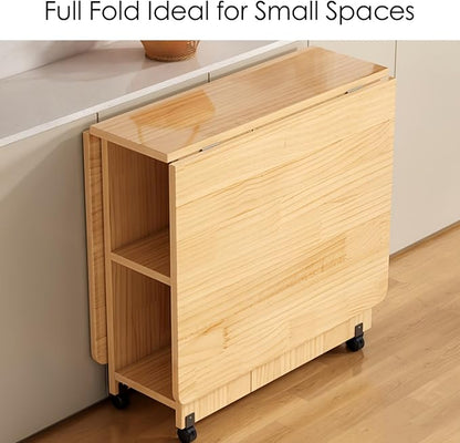 Kavie Solid Wood Folding Dining Table with Wheels, Expandable Mobile Kitchen Island with Storage Shelf, Space Saving Table for Apartment Living Room (Natural,31.5" L*19.6" W*29.5" H)