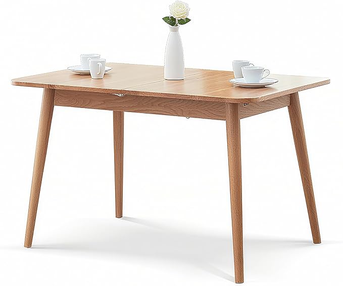 Solid Oak Extendable Dining Table for 4-6 People, 47.2 to 63 Inch, Seamless Expansion, Round Corner Design with Diagonal Legs, Farmhouse Kitchen Table for Small Spaces (Natural)