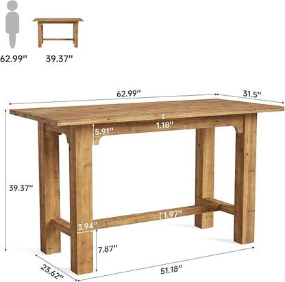 63-Inch Counter Height Dining Table, Solid Wood bar Height Kitchen Table for Dining Room, Rectangular Home Bar Furniture with Natural Grain, Brown