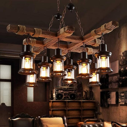 A Million 8 Lights Industrial Retro Wooden Chandelier Pendant Light Island Hanging Ceiling Fixture Vintage Farmhouse Wood Light Adjustable Chain for Home Cafe Bar Restaurant (39.4")