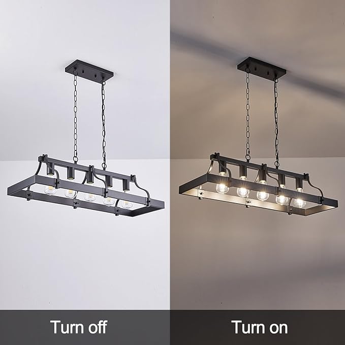 Industrial Black Chandelier for Dining Room, 5-Light Farmhouse Rustic Light Fixture Over Table, Modern Linear Rectangular Kitchen Island Pendant Lighting
