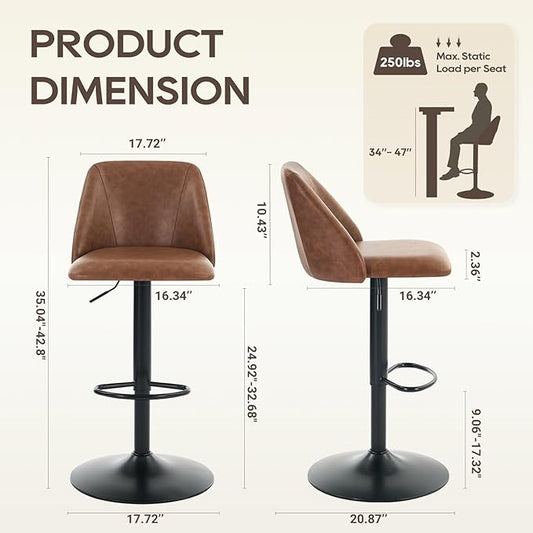 COLAMY Bar Stools Set of 2, Modern Swivel Bar Chairs, Adjustable PU Leather Upholstered Barstools Counter Height with Full Backrest for Bar, Dining Room, Kitchen Island, Brown