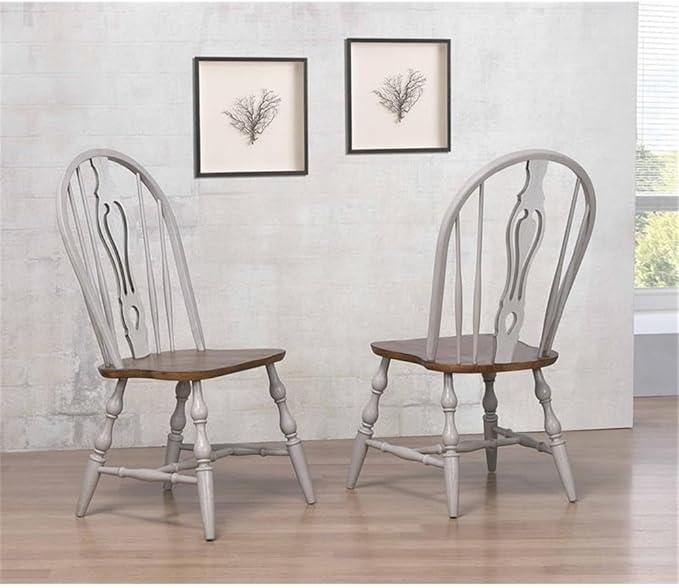 Pemberly Row 18" Wood Keyhole Dining Chairs, Solid Oak in Distressed Gray and Nutmeg Brown Finish, Set of 2, Windsor Fiddleback Style with Turned Legs, Residential or Commercial Dining Room Seating