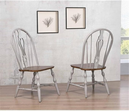 Pemberly Row 18" Wood Keyhole Dining Chairs, Solid Oak in Distressed Gray and Nutmeg Brown Finish, Set of 2, Windsor Fiddleback Style with Turned Legs, Residential or Commercial Dining Room Seating