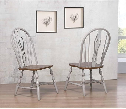 Pemberly Row 18" Wood Keyhole Dining Chairs, Solid Oak in Distressed Gray and Nutmeg Brown Finish, Set of 2, Windsor Fiddleback Style with Turned Legs, Residential or Commercial Dining Room Seating