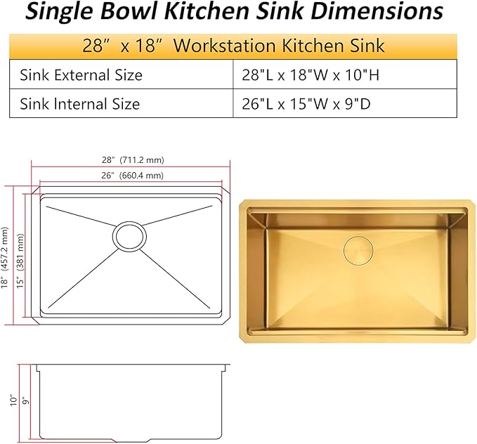 Gold Undermount Kitchen Sink 28 x 18 Inch, 16 Gauge SUS304 Stainless Steel All In One Workstation Sinks with Ledge & Accessories, 28" x 18" x 10" Handmade Single Bowl Gold Kitchen Sink