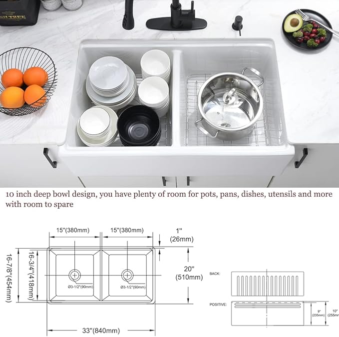 33 Inch Double Bowl White Farmhouse Sink Workstation-Bokaiya 33x20 Fireclay Apron Front White Porcelain Ceramic Reversible 50/50 Double Bowl Farm Sink with Accessories