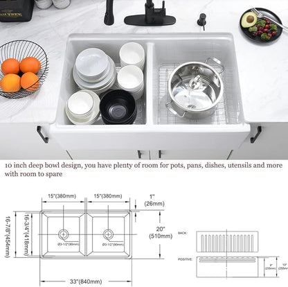 33 Inch Double Bowl White Farmhouse Sink Workstation-Bokaiya 33x20 Fireclay Apron Front White Porcelain Ceramic Reversible 50/50 Double Bowl Farm Sink with Accessories