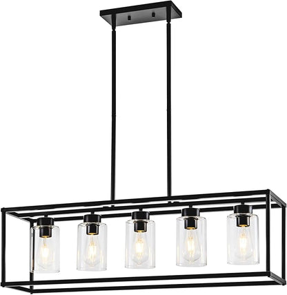5 Light Dining Room Light Fixture Matte Black Farmhouse Chandelier Over Table Rectangular Kitchen Pendant Lighting Rectangle Modern Industrial Living Room Hanging Lights Adjustable Height