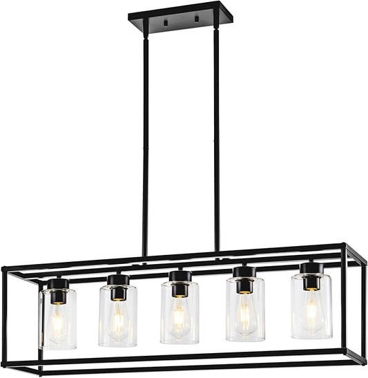 5 Light Dining Room Light Fixture Matte Black Farmhouse Chandelier Over Table Rectangular Kitchen Pendant Lighting Rectangle Modern Industrial Living Room Hanging Lights Adjustable Height