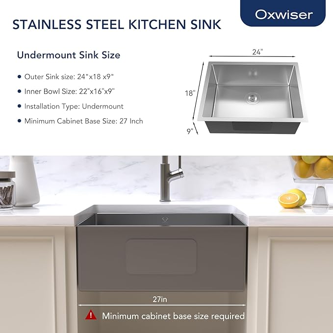Kitchen Sink 24x18 Inch Undermount Kitchen Sink 16 Gauge Stainless Steel Sinks Single Bowl with Accessories Round Corners Handmade